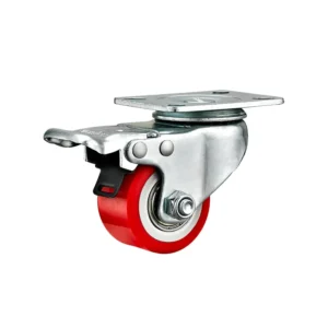 2-Inch Medium Duty Swivel Caster with Brake, Iron Core Red PU Wheel, 180kg Capacity