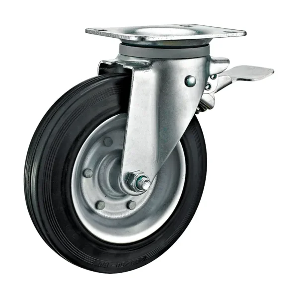 Heavy-Duty 8" Rubber Caster Wheels for Trash Bins – 220kg Capacity, Zinc-Plated Steel Core