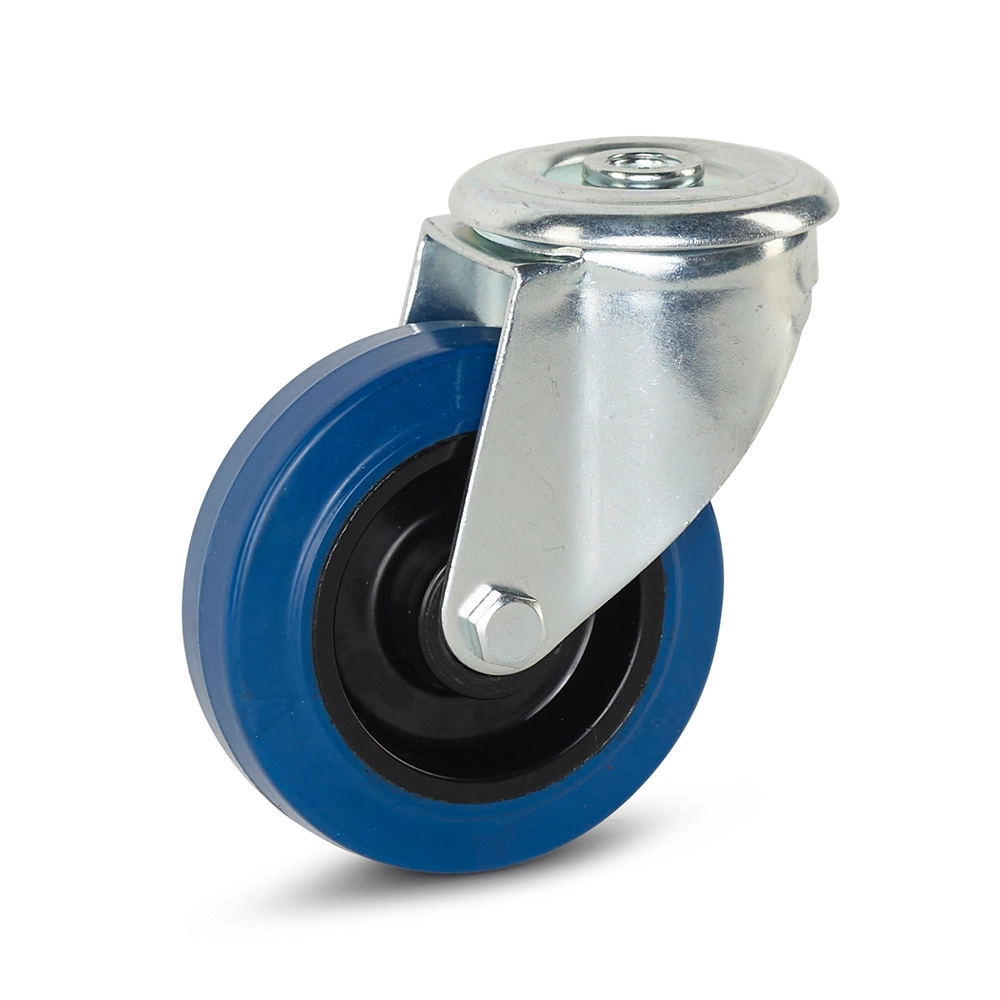 Blue elastic rubber swivel castor with central hole - 100mm - 100kg