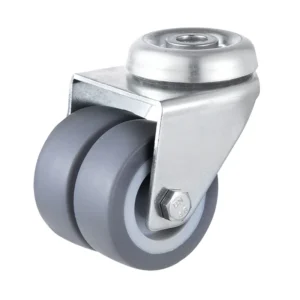 75mm Bolt Hole TPR Dual Wheel Casters for industrial trolleys. 100kg load, non-marking, zinc-plated steel. Fits linoleum, tile, concrete. Fast delivery!