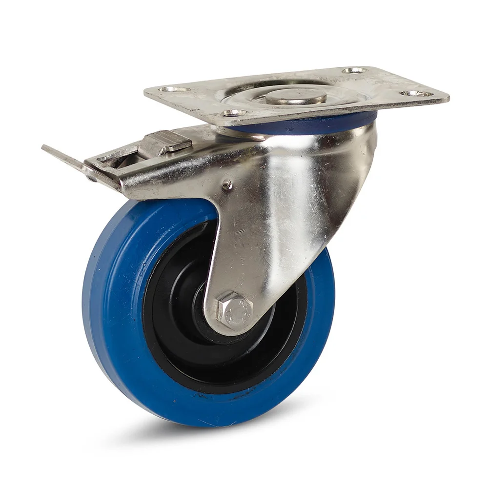 Elastic rubber stainless steel swivel castor braked with top plate - 100mm - 100kg