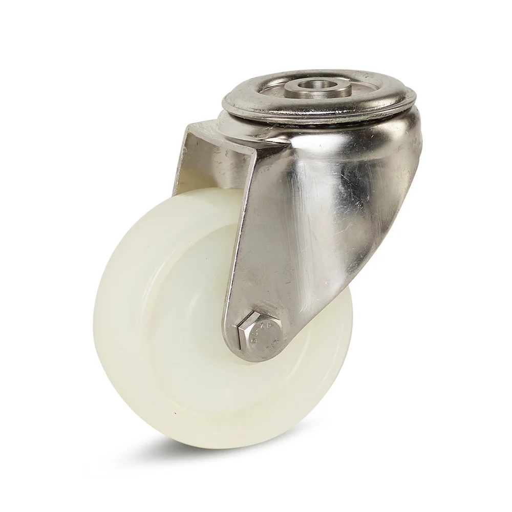 Nylon stainless steel swivel castor with central hole - 80mm - 140kg